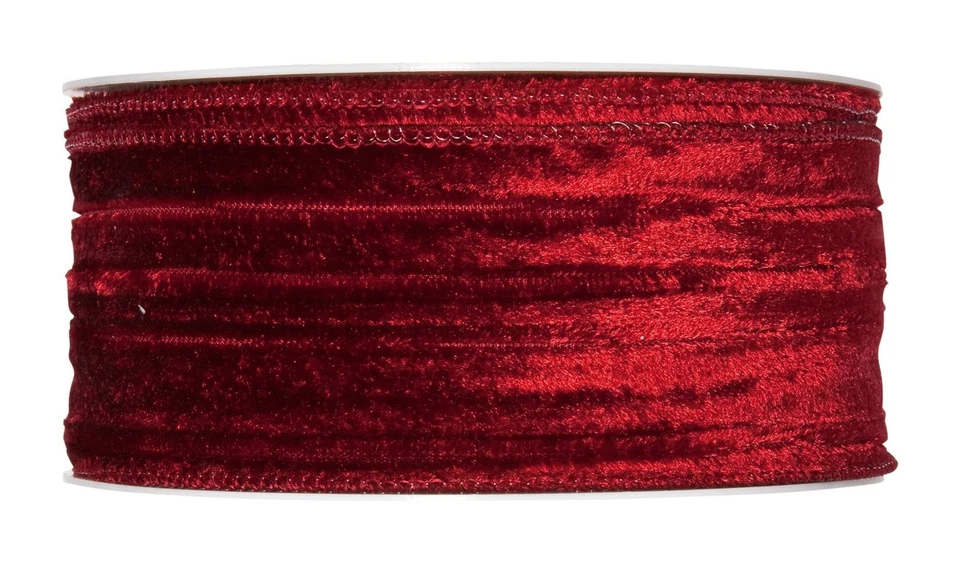 Wine Red Christmas Crushed Velvet Ribbon, 2 Inch Wide, 11 Yards Roll, Wired Edge - Image 1 of 1