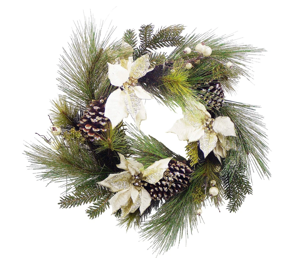 Восхищенный природой 24-дюймовый искусственный венок пуансеттия сосновый конус праздник Рождество... - Изображение 1 из 4