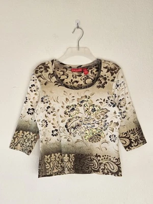 Top De Colección Y2K Gloria Vanderbilt Mujeres Algodón Deslumbrante Manga 3/4 Talla Pequeña Mediana Foto 1 de 4