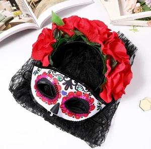 Velo Rosa y Máscara Floral para Disfraz de Halloween y Día de Muertos Catrina - Imagen 1 de 4