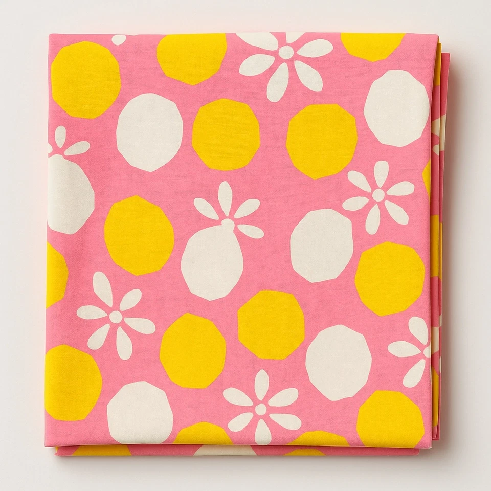 Klopman Mills Fabric 1970s Mod Floral Pink Yellow Cotton 45in x 1.27 Yards VTG - Image 1 of 4