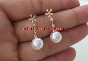PENDIENTES COLGANTES PERLA BLANCO REDONDO MAR SUR 10-11MM ORO 14K REAL BRILLO SUPERIOR - Imagen 1 de 6