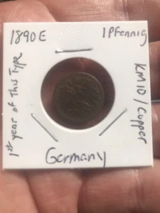 1890 E Germany Copper 1 Pfennig Coin Very Fine Circulated Wilhelm II Ruler  - Picture 1 of 3