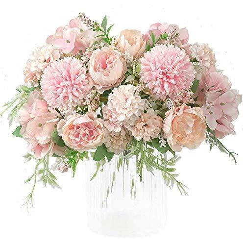 Fake Artificial Flowers, Peony Silk Hydrangea Bouquet Decor Plastic Pink - Image 1 of 4