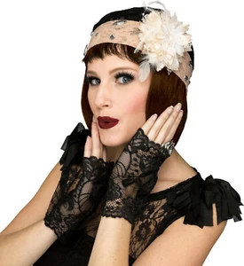 Fancy Gorgeous Champagne 1920's Flapper Lace Cap Cloche Hat and Black Mitts - Picture 1 of 1