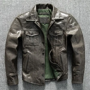 Retro Japanischer Stil Mantel Herren Echtleder Slim Fit Motorrad Biker Jacke - Bild 1 von 26