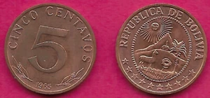 BOLIVIA 5 CENTAVOS 1965 UNC THE SUN 2 MOUNTAINS IN POTOSI THE CERRO RICO AND THE - Bild 1 von 1