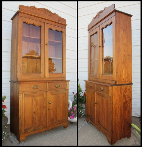 Antique 2PC StepBack Ledge Oak Kitchen Cabinet Cupboard Adjust Shelves Locks&Key Cover