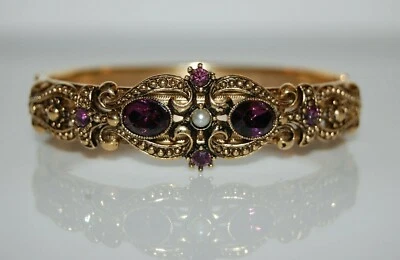 ELEGANTE PULSERA BISAGRA AVON COUTURE IMITACIÓN AMATISTA Y PERLA DORADA ESTILO VICTORIANO Foto 1 de 4