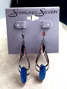 925 Sterling Earrings Silver Turquoise Gemstone Elongated Pierced Drop - Picture 1 of 4