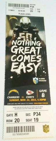 2015 Kansas City Chiefs San Diego Chargers NFL Football Ticket Los Angeles Cover