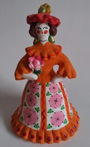 Russische Dymkovo Frau orange Blumen Kleid Ton Figur Volkskunst Handarbeit - Bild 1 von 8