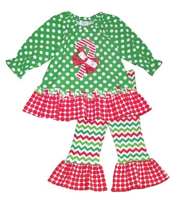 Nuevo Niñas Boutique Melocotones y Crema 5 Verde Bastón de Caramelo Conjunto Ropa de Navidad Foto 1 de 3