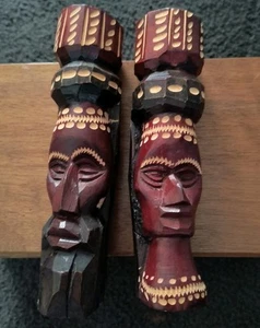Pair Hand Carved Solid Wood Statue African/Jamaican Tribal Heads Tiki Totem Art - Picture 1 of 6