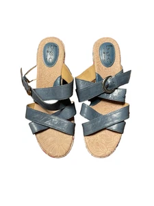 BOC Born Concept Teal Blue Leather Wedge Sandals Floral Cork Size 10 - Picture 1 of 8