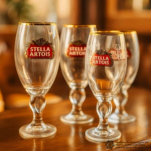 Stella Artois Kelch Glas 4er Set Goldrand geätzter Stiel water.org - Bild 1 von 16