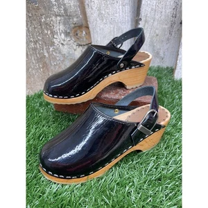 Hanna Andersson Black Patent Leather Wedge Clog Sandals EU30 Kids 12.5 - Picture 1 of 9