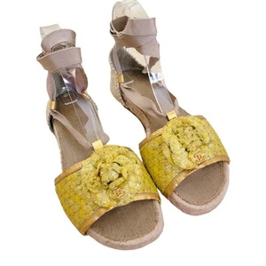 Chanel Camellia CC Logo Espadrilles Sandals Flats Gold Yellow Shoes Day 7.5 38 - Picture 1 of 15
