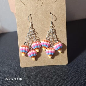 Pink Toned Hot Air Balloon Dangle Earrings Whimsical Colorful Fun Statement - Picture 1 of 4