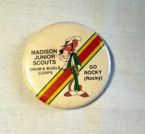Vintage Madison Junior Scouts GO ROCKY Button - Drum & Bugle Corps Pink Panther - Picture 1 of 4