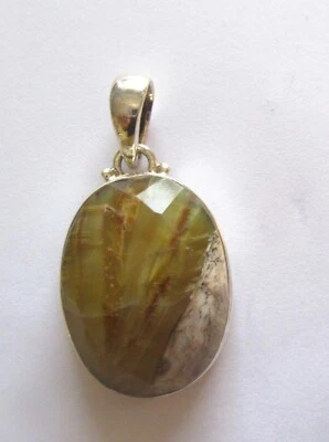 Кулон из чистого серебра - овальной формы - натуральный камень - зеленый бежевый коричневый - граненый - Изображение 1 из 3