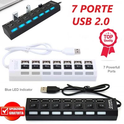 SDOPPIATORE USB 2.0 INTERRUTTORE ON/OFF 7 PORTE CIABATTA MULTIPRESA SPLITTER LED - Immagine 1 di 4