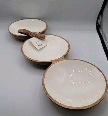 Bandeja y cuchara de madera de mango triple cuenco Mud Pie E3 Circa House 20 x 6,5 granja Foto 1 de 4