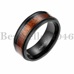 8MM Titanium Ring Wood Inlay Comfort Fit Wedding Band for Men Women Size 6-14 - Picture 1 of 8