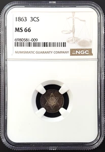 1863 Three Cent piece, silver composition, certified MS 66 by NGC! - Picture 1 of 8