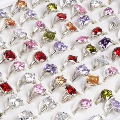 Bulk Wholesale 100 Colorful Crystal CZ Woman Wedding Ring Fashion Finger Jewelry - Image 1 of 4