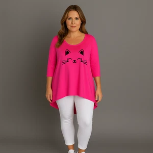 ROCKTHOSECURVES WOMENS Cat Face 3/4 Sleeve Dipped Hem Top - Picture 1 of 21