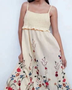 ZARA COTTON LINEN FLORAL EMBROIDERED CROCHET SUMMER DRESS SIZE M BNWT - Picture 1 of 19