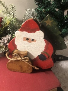 Handpainted Wooden Santa Green Present Bag Signed 3 Dimensional - Bild 1 von 6