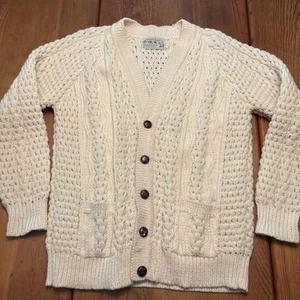 Vintage Cladyknit Irish Donegal Fisherman Wool Sweater Cardigan L/XL 44 Beige - Picture 1 of 11