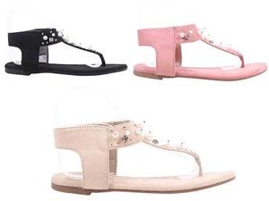 Sexy Damen-Sandalen Liliana 3 Farben T-Riemen Strass Knöchelriemen Größe Flats - Bild 1 von 23
