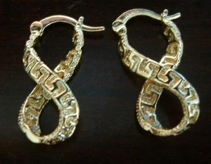 NEW INFINITY HOOP DANGLE EARRINGS 18k YELLOW GOLD PLATED GREEK KEY DESIGN - Picture 1 of 4