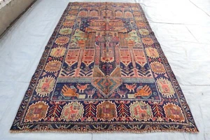 Antique Pictorial rug 4'5x8 ft Afghan Handmade Navy Blue Tribal Balochi Area Rug - Picture 1 of 14