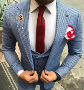 Diseño Business Azul Blanco Cuadros Traje de hombre Chaqueta Chaleco Talla Slim Fit - Imagen 1 de 6