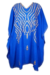 Royal Blue Short Caftan Floral Embroidery V-Neck Kimono Resort Wear Cover Up 3XL