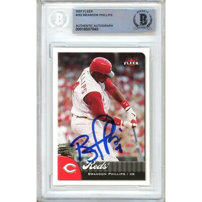 Tarjeta Fleer #205 2007 firmada por Brandon Phillips automática losa Beckett Cincinnati Reds Foto 1 de 4