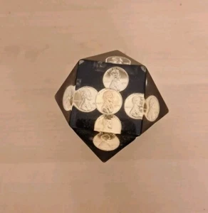 Clear Lucite Paperweight Faceted Cube 2-1/2" Vintage( 1970) 5 Pennies  - Picture 1 of 7