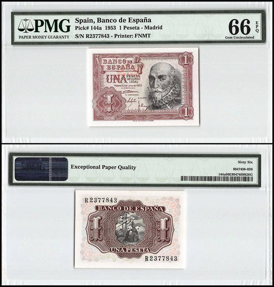 Spain 1 Peseta, 1953, P-144, PMG 66 - Image 1 of 1