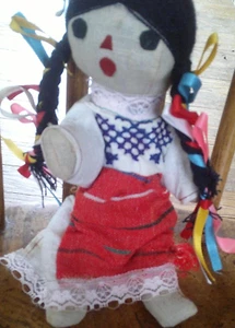 Mexican Rag Doll ethnic costume.Folk Art  jointed arms legs braided hair - Picture 1 of 2