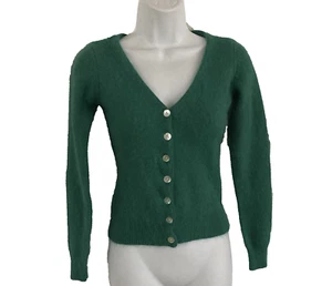40% Angora Fuzzy Vintage H&M Green Open-Front Cardigan Sweater XS Shell Buttons - Picture 1 of 9