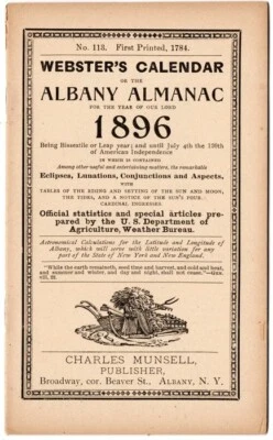1896 Webster's Calendar or the Albany Almanac No 113, Charles Munsell, Albany NY - Image 1 of 2