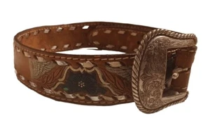 Hand Tooled & Painted Western Belt Size 28 Eagle And Floral Leather Buckle BETTy - Picture 1 of 10