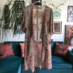 LULAROE size M Purple & Yellow Mod Floral Paisley Shirley Kimono Cardigan NWT - Picture 1 of 5