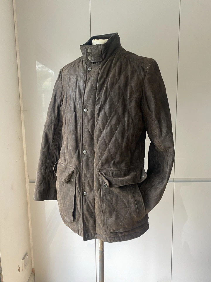 M&S BLUE HARBOUR LARGE KHAKI BROWN SUEDE QUILTED JACKET PLAID THINSULATE LINING - Image 1 of 4