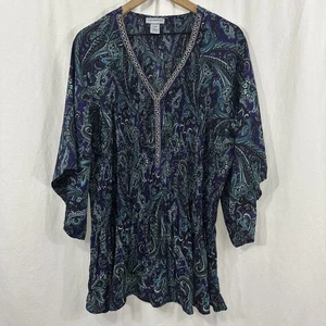 Catherines lila blau Paisley Perlen ausgestellt 3/4 Ärmel Plissee Top Größe 2XWP - Bild 1 von 11