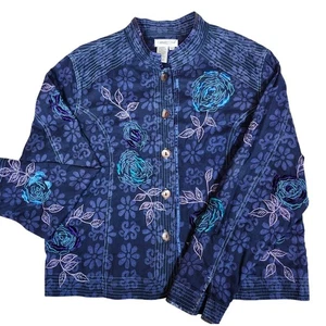 Coldwater Creek XL bestickte Blumen Baumwolle Jacke Bohemian Knopfleiste - Bild 1 von 9